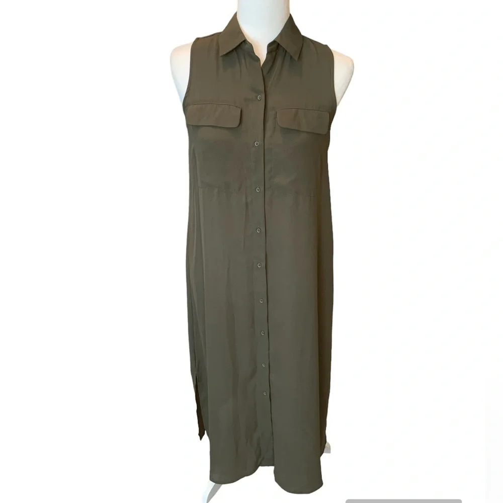WHO WHAT WEAR Olive Button Down Sleeveless Dress Size XS *NEW*